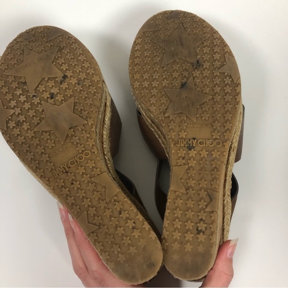 Jimmy Choo Cork Wedge 38 Heels Sandals Camel Brown Leather Strappy Shoes - Picture 10 of 10